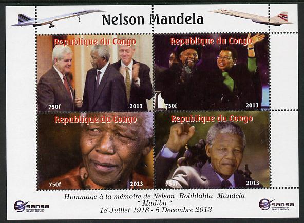 Congo 2013 Nelson Mandela #6 perf sheetlet containing four values with Concorde in border unmounted mint. Note this item is privately produced and is offered purely on it..., stamps on personalities, stamps on mandela, stamps on nobel, stamps on peace, stamps on racism, stamps on human rights, stamps on clinton, stamps on usa presidents, stamps on aviation, stamps on concorde