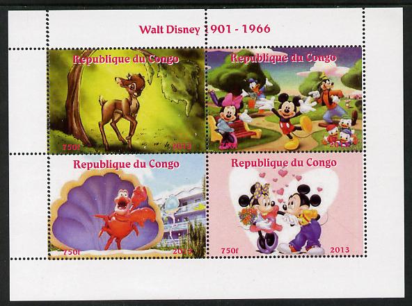 Congo 2013 Walt Disney Characters #1 perf sheetlet containing four values unmounted mint. Note this item is privately produced and is offered purely on its thematic appeal, stamps on disney, stamps on cartoons, stamps on films, stamps on movies, stamps on cinema