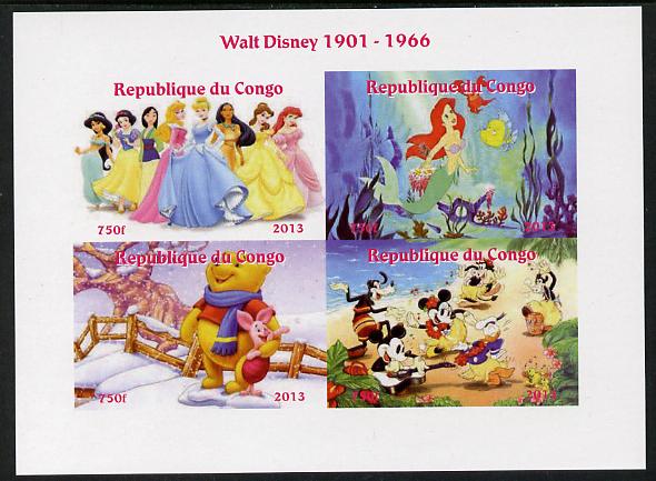 Congo 2013 Walt Disney Characters #2 imperf sheetlet containing four values unmounted mint. Note this item is privately produced and is offered purely on its thematic appeal, stamps on , stamps on  stamps on disney, stamps on  stamps on cartoons, stamps on  stamps on films, stamps on  stamps on movies, stamps on  stamps on cinema, stamps on  stamps on teddy bears