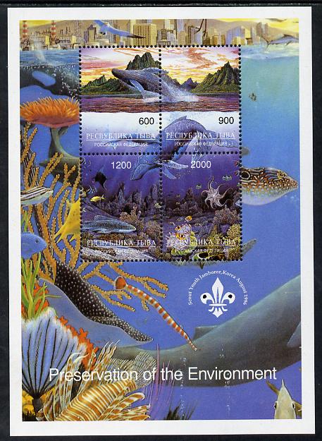 Touva 1997 Preservation of the Environment (Sea Life) deluxe sheet containing set of 4 values with 'Pacific 97' imprint unmounted mint, stamps on marine-life, stamps on whales, stamps on rotary, stamps on scouts, stamps on stamp exhibitions