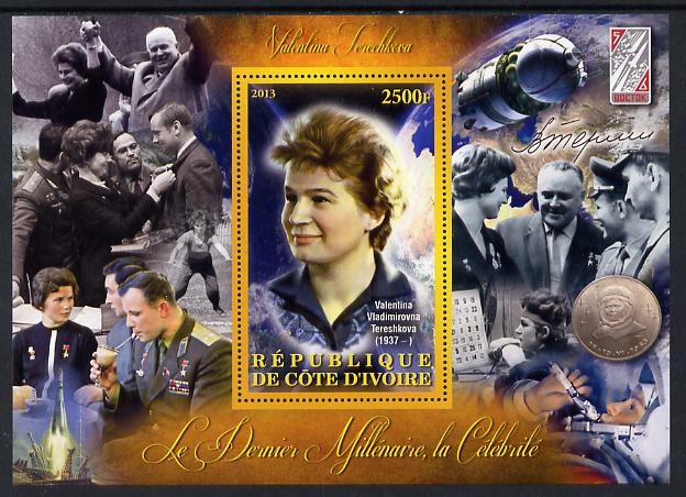 Ivory Coast 2013 Celebrities of the last Millennium - Valentina Tereshkova (first woman in Space) perf deluxe sheet containing one rectangular value unmounted mint, stamps on , stamps on  stamps on personalities, stamps on  stamps on space, stamps on  stamps on women, stamps on  stamps on medals