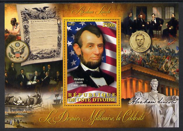 Ivory Coast 2013 Celebrities of the last Millennium - Abraham Lincoln perf deluxe sheet containing one rectangular value unmounted mint, stamps on personalities, stamps on lincoln, stamps on constitutions, stamps on usa presidents, stamps on americana, stamps on slavery, stamps on racism, stamps on theatres, stamps on medals