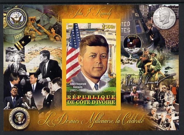 Ivory Coast 2013 Celebrities of the last Millennium - John F Kennedy imperf deluxe sheet containing one rectangular value unmounted mint, stamps on , stamps on  stamps on personalities, stamps on  stamps on kennedy, stamps on  stamps on usa presidents, stamps on  stamps on americana, stamps on  stamps on militaria, stamps on  stamps on medals, stamps on  stamps on 