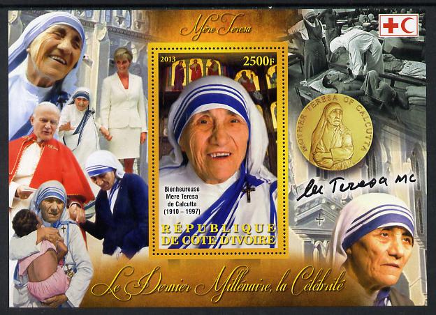 Ivory Coast 2013 Celebrities of the last Millennium - Mother Teresa perf deluxe sheet containing one rectangular value unmounted mint, stamps on personalities, stamps on women, stamps on human rights, stamps on peace, stamps on nobel, stamps on teresa.medals, stamps on diana, stamps on red cross, stamps on pope, stamps on 