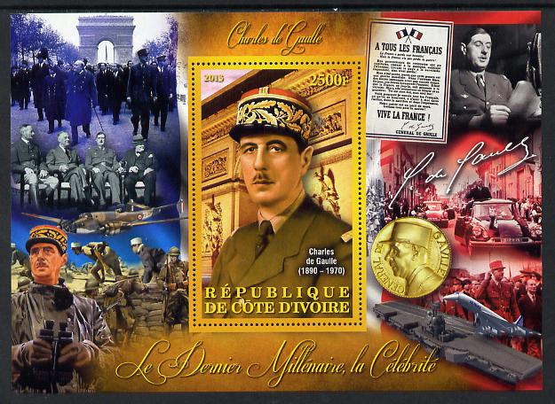 Ivory Coast 2013 Celebrities of the last Millennium - Charles de Gaulle perf deluxe sheet containing one rectangular value unmounted mint, stamps on personalities, stamps on de gaulle, stamps on constitutions, stamps on  ww2 , stamps on militaria, stamps on aviation, stamps on medals, stamps on cars