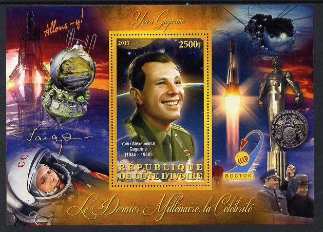 Ivory Coast 2013 Celebrities of the last Millennium - Yuro Gagarin perf deluxe sheet containing one rectangular value unmounted mint, stamps on personalities, stamps on space, stamps on rockets, stamps on 