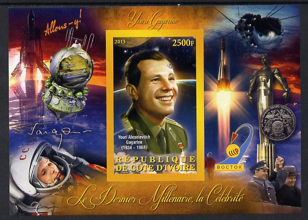 Ivory Coast 2013 Celebrities of the last Millennium - Yuro Gagarin imperf deluxe sheet containing one rectangular value unmounted mint, stamps on personalities, stamps on space, stamps on rockets, stamps on 