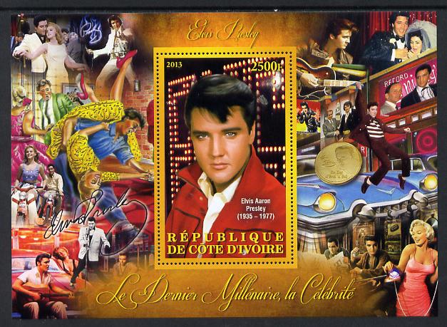 Ivory Coast 2013 Celebrities of the last Millennium - Elvis Presley perf deluxe sheet containing one rectangular value unmounted mint, stamps on personalities, stamps on elvis, stamps on music, stamps on films, stamps on cinema, stamps on movies, stamps on pops, stamps on rock, stamps on marilyn, stamps on dance, stamps on dancing, stamps on 