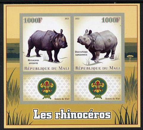 Mali 2013 Rhinos imperf sheetlet containing two values & two labels showing Scouts Badge unmounted mint, stamps on animals, stamps on rhinos, stamps on scouts
