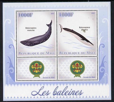 Mali 2013 Whales perf sheetlet containing two values & two labels showing Scouts Badge unmounted mint, stamps on , stamps on  stamps on animals, stamps on  stamps on whales, stamps on  stamps on marine life, stamps on  stamps on scouts