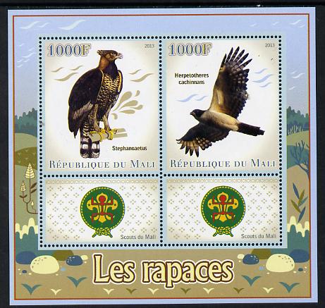 Mali 2013 Birds of Prey perf sheetlet containing two values & two labels showing Scouts Badge unmounted mint, stamps on scouts, stamps on birds, stamps on birds of prey