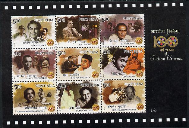 India 2013 Centenary of Indian Cinema #1 perfsheetlet containing 9 values unmounted mint, stamps on cinema, stamps on movie, stamps on films, stamps on 