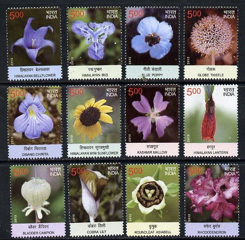 India 2013 Postal Union Congress - Wild Flowers complete set of 12 unmounted mint, stamps on flowers, stamps on postal