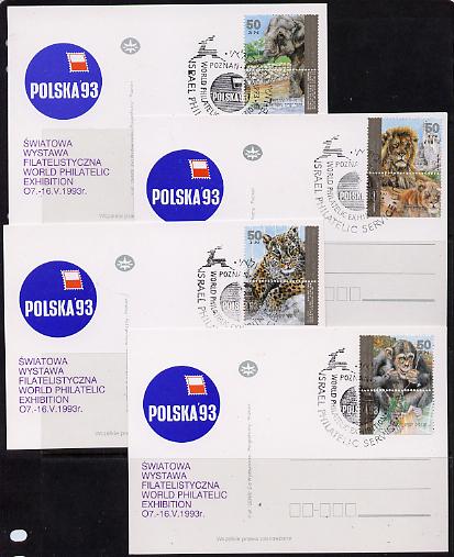 Israel 1992 Zoo Animals set of 4 each with tabs on individual Polska 93 Stamp Exhibition postcard with special cancel, stamps on animals, stamps on stamp exhibitions, stamps on 