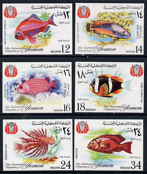 Yemen - Royalist 1967 Fish Air Mail imperf set of 6 unmounted mint (as SG R224-29) Mi 397-402B, stamps on fish     marine-life