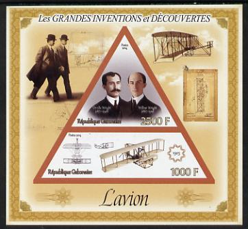 Gabon 2014 Great Inventions & Discoveries - The Wright Brothers & the Aeroplane imperf sheetlet containing two values (triangular & trapezoidal shaped) unmounted mint, stamps on shaped, stamps on triangular, stamps on triangle, stamps on personalities, stamps on aviation
