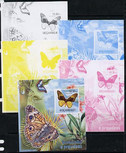 Mozambique 2013 Butterflies #1 - the set of 5 imperf progressive proofs comprising the 4 individual colours plus all 4-colour composite, unmounted mint , stamps on butterflies