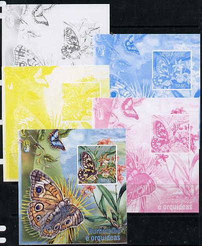 Mozambique 2013 Butterflies #3 - the set of 5 imperf progressive proofs comprising the 4 individual colours plus all 4-colour composite, unmounted mint , stamps on butterflies