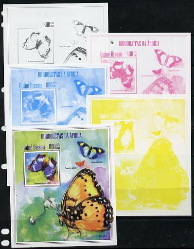Guinea - Bissau 2013 Butterflies #11 - the set of 5 imperf progressive proofs comprising the 4 individual colours plus all 4-colour composite, unmounted mint , stamps on butterflies
