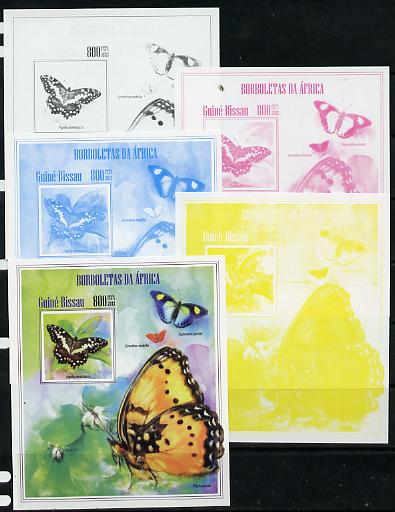 Guinea - Bissau 2013 Butterflies #13 - the set of 5 imperf progressive proofs comprising the 4 individual colours plus all 4-colour composite, unmounted mint , stamps on butterflies