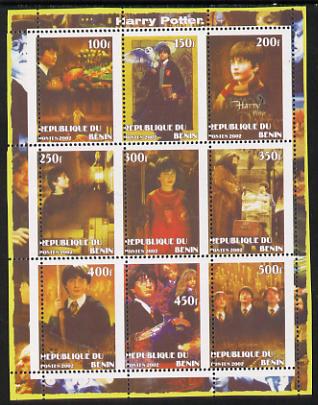 Benin 2002 Harry Potter perf sheetlet containing 9 values unmounted mint with vertical perforations slightly misplaced. Note this item is privately produced and is offered purely on its thematic appeal, it has no postal validity, stamps on films, stamps on movies, stamps on literature, stamps on children, stamps on fantasy, stamps on owls