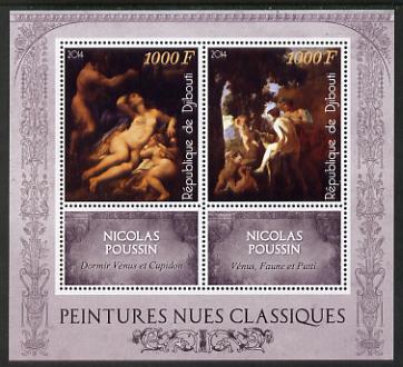Djibouti 2014 Classical Nude Painters - Nicolas Poussin perf sheetlet containing two values plus two labels unmounted mint, stamps on arts, stamps on nudes, stamps on poussin