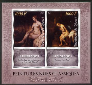 Djibouti 2014 Classical Nude Painters - Rembrandt perf sheetlet containing two values plus two labels unmounted mint, stamps on arts, stamps on nudes, stamps on rembrandt