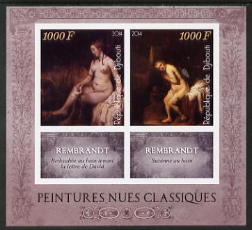 Djibouti 2014 Classical Nude Painters - Rembrandt imperf sheetlet containing two values plus two labels unmounted mint, stamps on arts, stamps on nudes, stamps on rembrandt