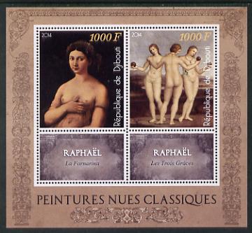 Djibouti 2014 Classical Nude Painters - Raphael perf sheetlet containing two values plus two labels unmounted mint, stamps on arts, stamps on nudes, stamps on raphael