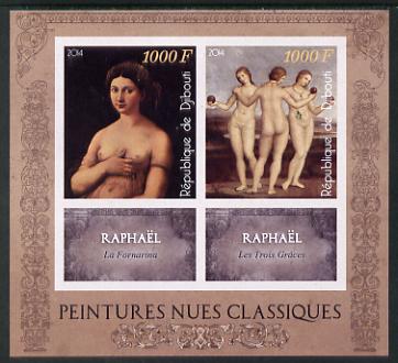 Djibouti 2014 Classical Nude Painters - Raphael imperf sheetlet containing two values plus two labels unmounted mint, stamps on arts, stamps on nudes, stamps on raphael