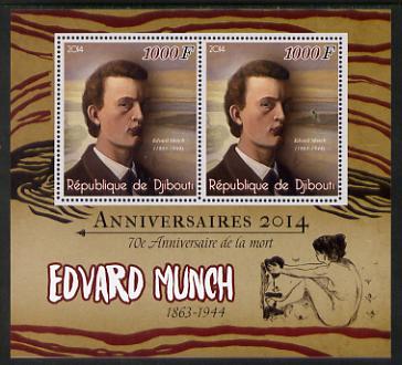Djibouti 2014 Anniversaries - Edvard Munch perf sheetlet containing two values unmounted mint, stamps on personalities, stamps on arts, stamps on munch