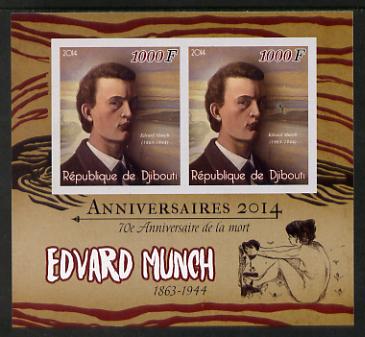 Djibouti 2014 Anniversaries - Edvard Munch imperf sheetlet containing two values unmounted mint, stamps on personalities, stamps on arts, stamps on munch