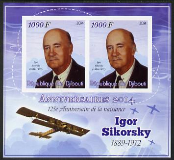 Djibouti 2014 Anniversaries - Igor Sikorsky imperf sheetlet containing two values unmounted mint, stamps on , stamps on  stamps on personalities, stamps on  stamps on aviation, stamps on  stamps on sikorsky