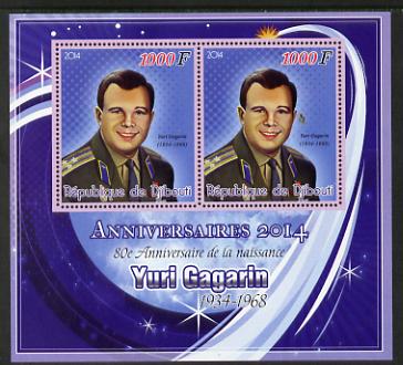 Djibouti 2014 Anniversaries - Yuri Gagarin perf sheetlet containing two values unmounted mint, stamps on personalities, stamps on space, stamps on gagarin