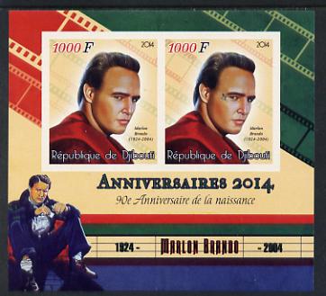 Djibouti 2014 Anniversaries - Marlon Brando imperf sheetlet containing two values unmounted mint, stamps on personalities, stamps on brando, stamps on films, stamps on cinema, stamps on movies