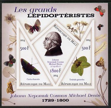 Mali 2014 Famous Lepidopterists & Butterflies - Johann Michael Denis imperf sheetlet containing one diamond shaped & two triangular values unmounted mint, stamps on personalities, stamps on butterflies, stamps on shaped, stamps on diamond, stamps on triangles, stamps on triangular