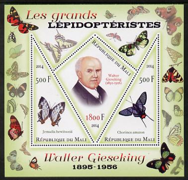 Mali 2014 Famous Lepidopterists & Butterflies - Walter Gieseking perf sheetlet containing one diamond shaped & two triangular values unmounted mint, stamps on personalities, stamps on butterflies, stamps on shaped, stamps on diamond, stamps on triangles, stamps on triangular
