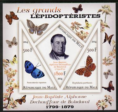 Mali 2014 Famous Lepidopterists & Butterflies - Jean-Baptiste Boisduval imperf sheetlet containing one diamond shaped & two triangular values unmounted mint, stamps on personalities, stamps on butterflies, stamps on shaped, stamps on diamond, stamps on triangles, stamps on triangular