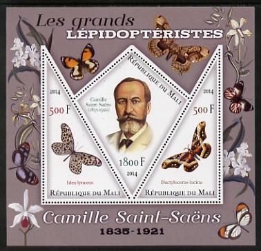 Mali 2014 Famous Lepidopterists & Butterflies - Camille Saint-Saens perf sheetlet containing one diamond shaped & two triangular values unmounted mint, stamps on personalities, stamps on butterflies, stamps on shaped, stamps on diamond, stamps on triangles, stamps on triangular, stamps on saint saens, stamps on composers, stamps on music