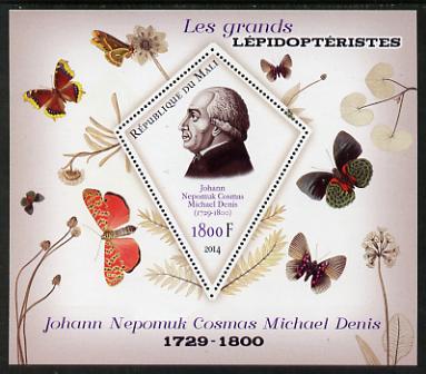 Mali 2014 Famous Lepidopterists & Butterflies - Johann Michael Denis perf s/sheet containing one diamond shaped value unmounted mint, stamps on personalities, stamps on butterflies, stamps on shaped, stamps on diamond, stamps on 
