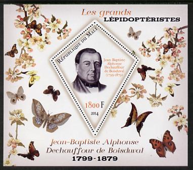 Mali 2014 Famous Lepidopterists & Butterflies - Jean-Baptiste Boisduval perf s/sheet containing one diamond shaped value unmounted mint, stamps on personalities, stamps on butterflies, stamps on shaped, stamps on diamond, stamps on 
