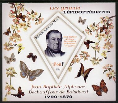 Mali 2014 Famous Lepidopterists & Butterflies - Jean-Baptiste Boisduval imperf s/sheet containing one diamond shaped value unmounted mint, stamps on personalities, stamps on butterflies, stamps on shaped, stamps on diamond, stamps on 
