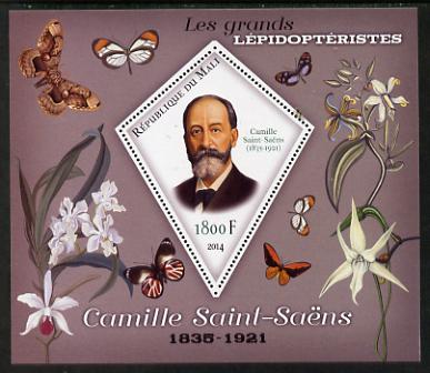 Mali 2014 Famous Lepidopterists & Butterflies - Camille Saint-Saens perf s/sheet containing one diamond shaped value unmounted mint, stamps on personalities, stamps on butterflies, stamps on shaped, stamps on diamond, stamps on saint saens, stamps on composers, stamps on music