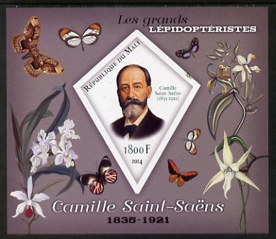 Mali 2014 Famous Lepidopterists & Butterflies - Camille Saint-Saens imperf s/sheet containing one diamond shaped value unmounted mint, stamps on personalities, stamps on butterflies, stamps on shaped, stamps on diamond, stamps on saint saens, stamps on composers, stamps on music