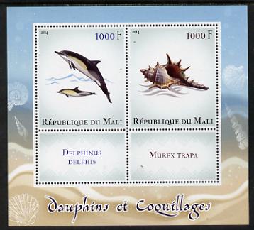 Mali 2014 Dolphins & Shells perf sheetlet containing two values & two labels unmounted mint, stamps on marine life, stamps on dolphins, stamps on shells, stamps on whales