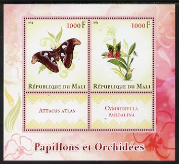 Mali 2014 Butterflies & Orchids perf sheetlet containing two values & two labels unmounted mint, stamps on butterflies, stamps on orchids, stamps on flowers