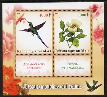 Mali 2014 Hummingbirds & Peonies perf sheetlet containing two values & two labels unmounted mint, stamps on birds, stamps on hummingbirds, stamps on peonies, stamps on flowers