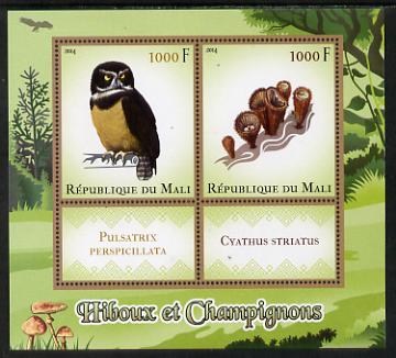 Mali 2014 Owls & Mushrooms perf sheetlet containing two values & two labels unmounted mint, stamps on birds, stamps on birds of prey, stamps on owls, stamps on fungi