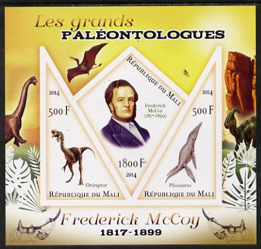Mali 2014 Famous Paleontologists & Dinosaurs - Frederick McCoy imperf sheetlet containing one diamond shaped & two triangular values unmounted mint, stamps on personalities, stamps on dinosaurs
