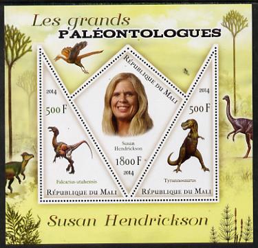 Mali 2014 Famous Paleontologists & Dinosaurs - Susan Hendrickson perf sheetlet containing one diamond shaped & two triangular values unmounted mint, stamps on personalities, stamps on dinosaurs